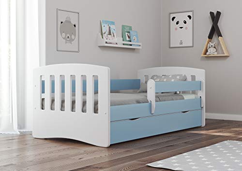 Cama Infantil 180x80 Cama para Niños con Barrera de protección contra caídas. cajones extraíbles y Base de Listones para niñas y niños - Azul 80 x 180 cm