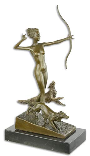 Casa Padrino Escultura de Bronce Mujer con Lazo y Perros Bronce/Oro/Negro 18,3 x 10,3 x H. 34,5 cm - Figura de Bronce con Base de Mármol - Figura Deco
