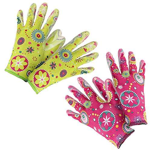 com-four® Conjunto de 2 Guantes de jardinería Flor, Talla 8, Verde y Rosa (02 par - Flor Verde/Rosa)