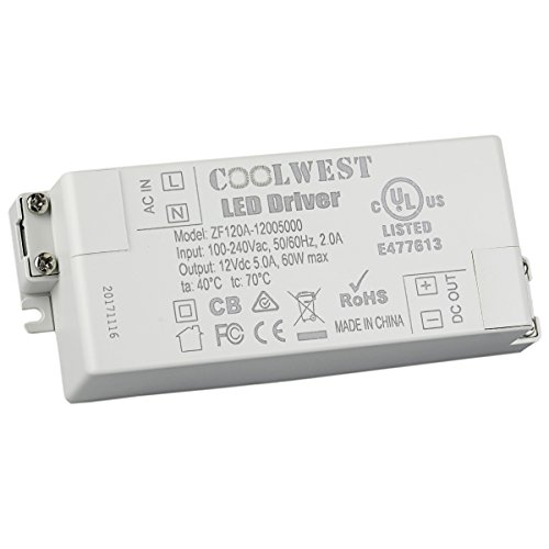 COOLWEST 60W LED Transformador fuente de alimentación del conductor 12V 5A Voltaje constante usar para tiras LED, G4, GU10, MR11, MR16 Bombillas