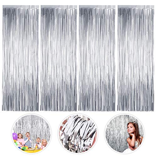 Cortinas de Oropel, 4 Pack Plata Fringe Shimmer Cortina Decoración Fondo para Fiesta de la Boda Fiesta de Cumpleaños Puerta Decoraciones de Ventanas (1m x 2m)