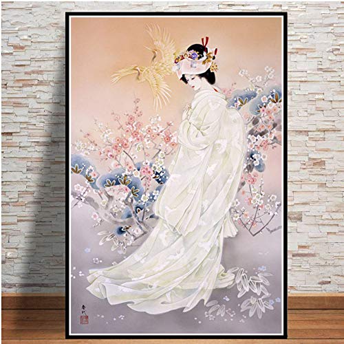 Cuadro En Lienzo,Geisha Mujer Japonesa Vista Posterior Flores Ukiyo-E Non-Woven Carteles Murales Arte Abstracto,Imagen 3D Pared Vertical Pintar Ilustraciones Dormitorio Decoraciones Home Office,70Cm*