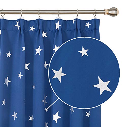 Deconovo Cortina Opaca Fruncida para Habitación Matrimonio de Estrellas Plateadas Estilo Moderno Elegante 2 Piezas 132x138cm Azul Oscuro