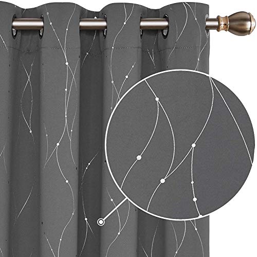 Deconovo Cortinas Opacas Diseño Líneas Plateadas para habitación con Ojales 140 x 180 cm 2 Paneles Gris Oscuro