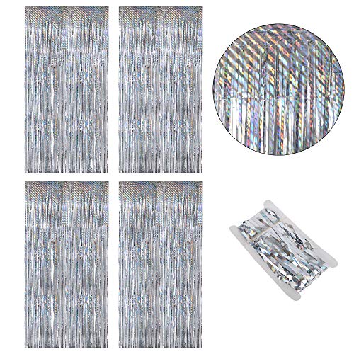 DEOMOR 4 Pack(2mx1m) Cortinas Fiesta Plateado Boda Metálico Brillante Oro Franja Decorativa Flecos de Ventana Tinsel Navidad Cumpleaños Hogar Hotel (Plateado)