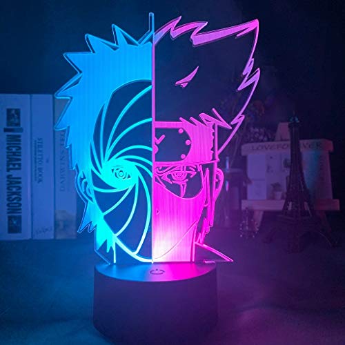 Doble mitad cara Obito Uchiha y Kakashi Hatake Naruto Night Light 3D LED Lámpara de mesa niños regalo de cumpleaños decoración de la habitación junto a la cama