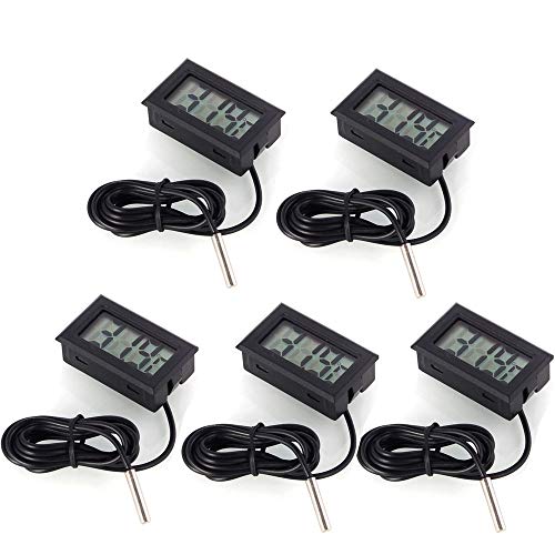 DollaTek 5Pcs Monitor de Temperatura Digital LCD Termómetro con sonda Externa para el refrigerador y congelador Acuario -Black