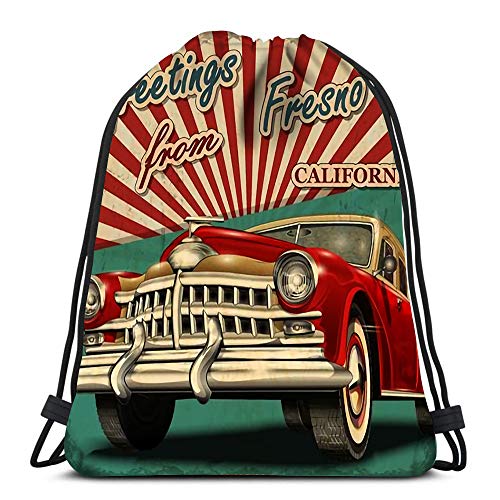 Drawstring Backpack Bags Vintage Touristic Greeting Retro Car Fresno California Folding Cinch Bag Bags