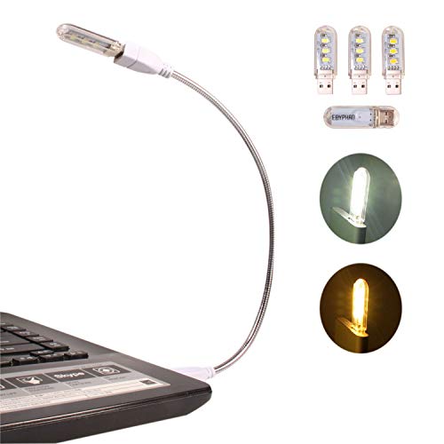 Ebyphan Flexible Luz USB, Mini Luz LED para Teclado Portatil, Lámpara LED USB para Ordenador PC, Luz de Lectura (Cuello de Cisne Ajustable + 2 Luces Blancas + 2 Luces Amarillas)
