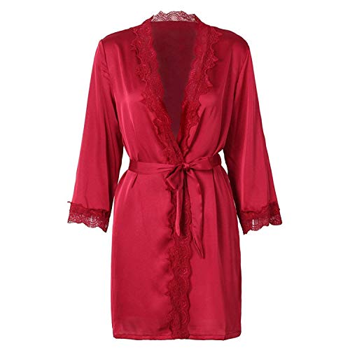 Encaje Remiendo Falso Túnica Mujeres Noche Seda De Cálidas Gavillas Cardigan Túnica con Chemise Modernas Casual 7 Colores 2018 Nueva Ropa para El Hogar (Color : Winered, Size : L)