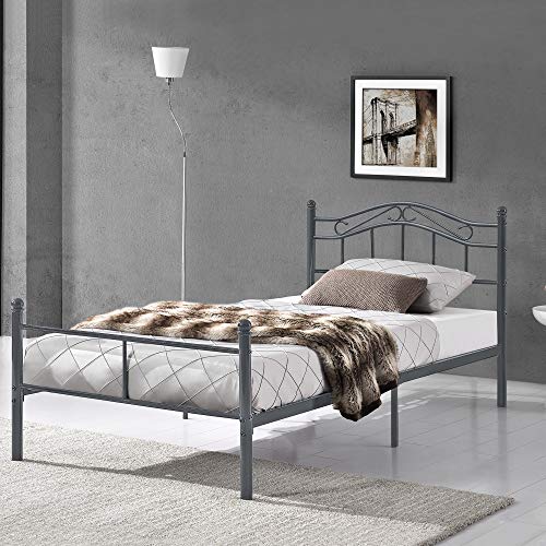 [en.casa] Cama de Metal con Somier Florenz 90 x 200 cm Estilo Vitange Cama Simple Cama Individual Gris Oscuro Mate