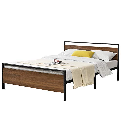 [en.casa] Cama de Metal Estable Finse 140 x 200 cm Cama Doble Cama de Matrimonio Somier con Listones Negro Mate y Efecto Nogal