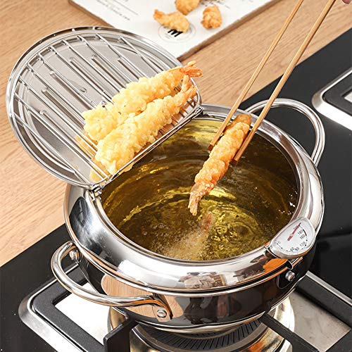 Estufa de freír Tempura, olla de freidora de acero inoxidable con control de temperatura y colador de aceites, herramientas de cocina multifuncionales para pollo frito, pescado secado, Tempura, etc.