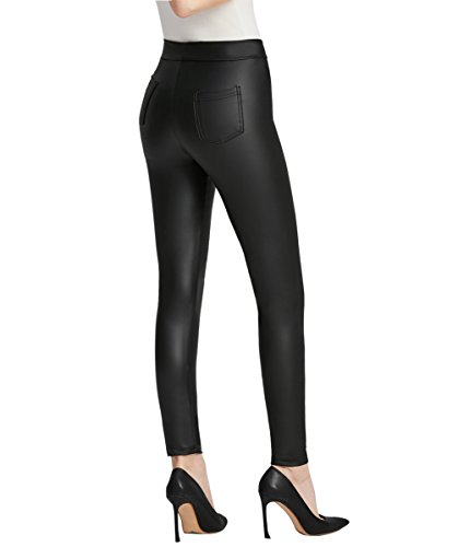 Everbellus Mujer Sexy Negro Leggins Cuero con Bolsillo Skinny Elástico Pantalón XL