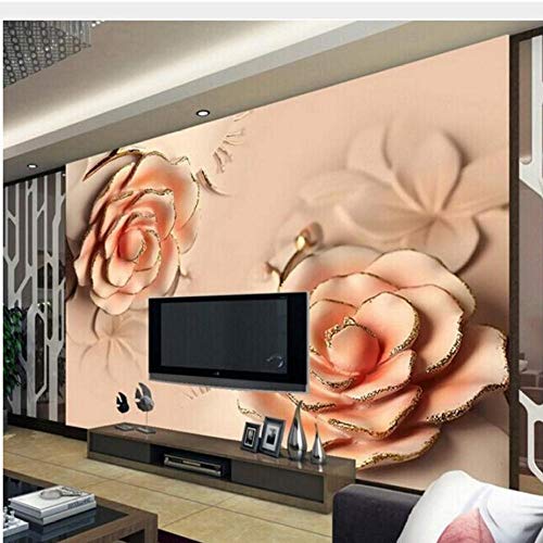 Extraíble Mural De Pared  Custom 3D Papel Tapiz De Fotos Estereoscópico Romántico Rosas Rosadas Cama Matrimonial Moderna Sala De Estar Tv Telón De Fondo Foto Papel Tapiz-450Cmx300Cm