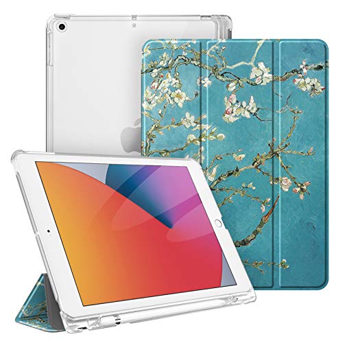 Fintie Funda para iPad 10,2" 2020/2019 con Soporte Integrado para Pencil - Trasera Transparente Carcasa Ligera Función de Auto-Reposo/Activación para iPad 8/7.ª Generación, Flores