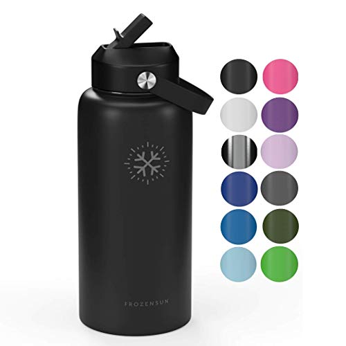 FROZENSUN Botella Térmica de Acero Inoxidable – Termo de Agua con Doble Pared, Aislamiento de Calor/Frío, Ligera y Duradera, Wide Mouth, Flex Straw Lid, Anti-Derrames, Libre de BPA, 946 ml - Negro