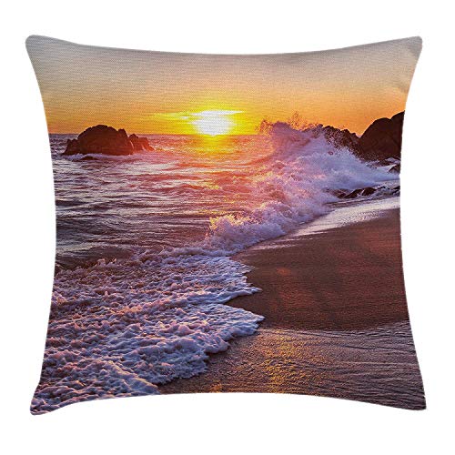 Funda de Almohada Ocean Throw Pillow, Fuertes Olas del mar golpean Las Rocas en Sandy Beach y Bubbles at Sunset, 45 x 45 cm, marrón, Naranja y Blanco