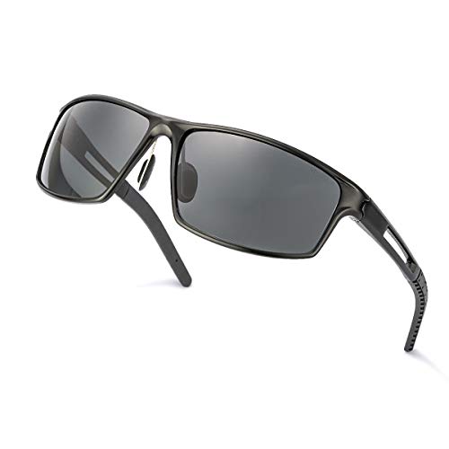 Gafas De Sol Hombre Deportivas Espejo Polarizadas Anti Reflectante Ultraligero Metal Protección 100% UVA UVB (Negro/Gris)
