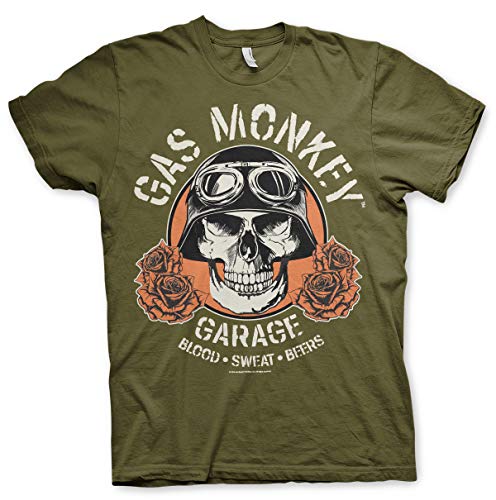 Gas Monkey Garage Oficialmente Licenciado Skull Camiseta para Hombre (Olive), Medium