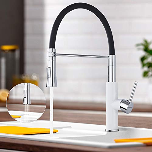 Grifo Cocina Extraíble Negro, WOOHSE Grifo de Fregadero 2 Modos de Chorro 360° Giratorio Mezclador Monomando Agua Caliente y Fría con Manguera Silicona de Grado Alimenticio, Aireador Desmontable