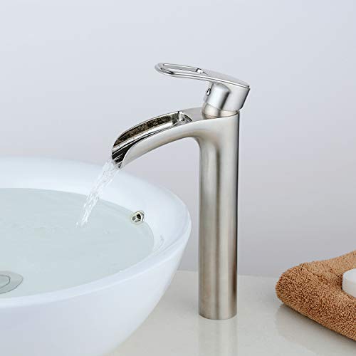 Grifo del baño Níquel cepillado Grifo para encimera de cascada Asa única 1 Orificio Montaje en lavamanos Lavabo alto Grifo mezclador moderno