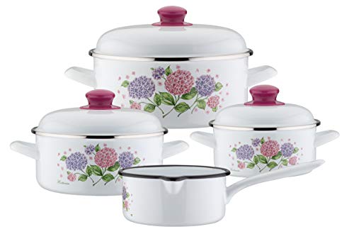 GSW 189989 Hortensie - Batería de cocina (7 piezas, acero esmaltado, plástico), color blanco