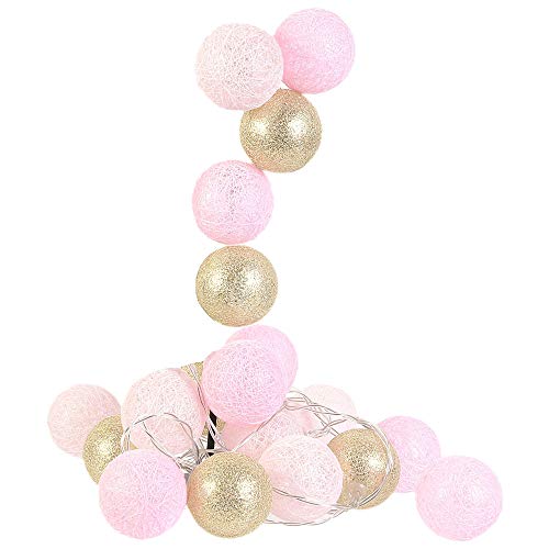 Guirnalda de Bolas de Algodón LED Rosa/Oro Cadena Luz, 3.72 m Luces Interior 20 Bolas de Algodón, Guirnalda Luminosa USB, Decoración de Interior, Pink, Habitación niña, Fiesta, Infantil. Mod. IL4007