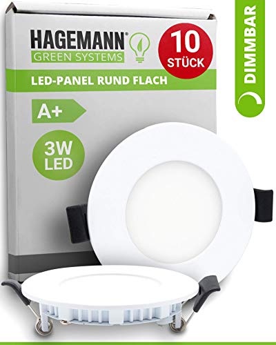HAGEMANN® - 10 focos LED empotrables, regulables, 3 W, 255 lm, diámetro de agujero de 68 mm, panel LED redondo plano