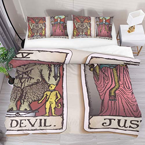 HARXISE Juego de Cama de 3 Piezas de Microfibra Lavada, Cartas del Tarot del Diablo y la Justicia, Funda nórdica Suave y Transpirable con Cierre de Cremallera