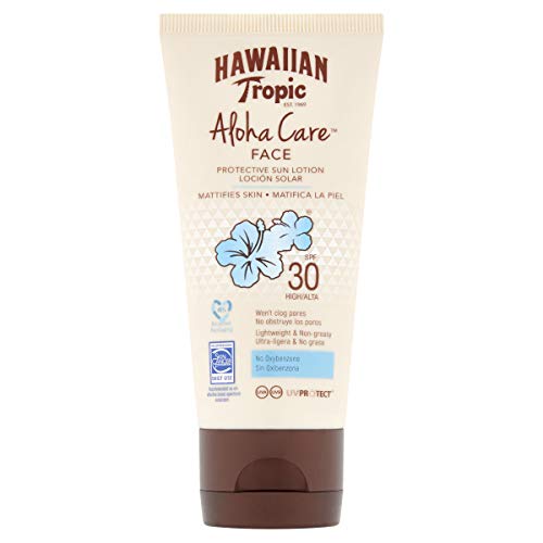 Hawaiian Tropic FACE Aloha Care SPF 30 - Crema Solar Fotoprotectora para la Cara Sin Oxibenzona, Protección Facial Sin Obstrucción de Poros, Sin Grasa y Matificante, 90 ml