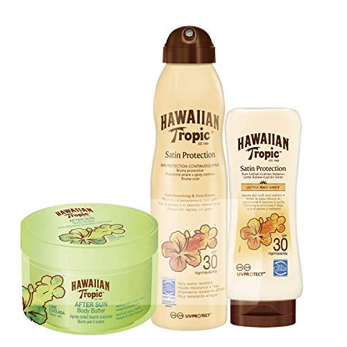 Hawaiian Tropic - Total Satin - Crema Solar en Loción Satin Protection Ultra Radiance SPF 30 200ml + Spray Solar en Bruma Satin protection SPF 30 180ml + After Sun Body Butter Lima Colada 200ml