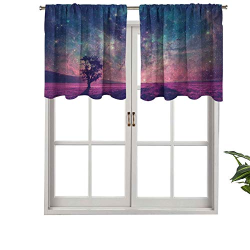 Hiiiman Cortinas térmicas aisladas con cenefa, silueta de árbol solitario, mágico, espacio fantástico de la NASA, elementos amueblados, juego de 1, 132 x 45 cm para dormitorio con bolsillo para barra