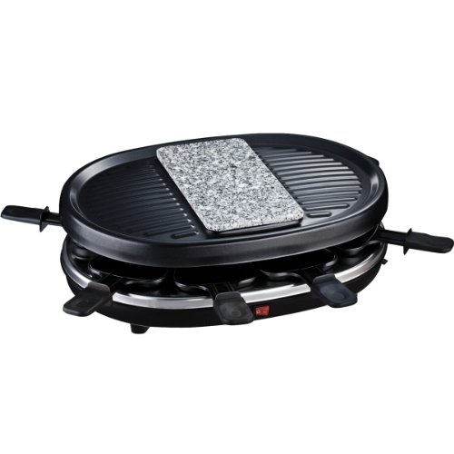 H.Koenig RP80 Raclette 8 Personas, Plancha De Piedra Natural, Grill,900 W, Acero Inoxidable, Negro, 8 Sartenes Antiadherentes