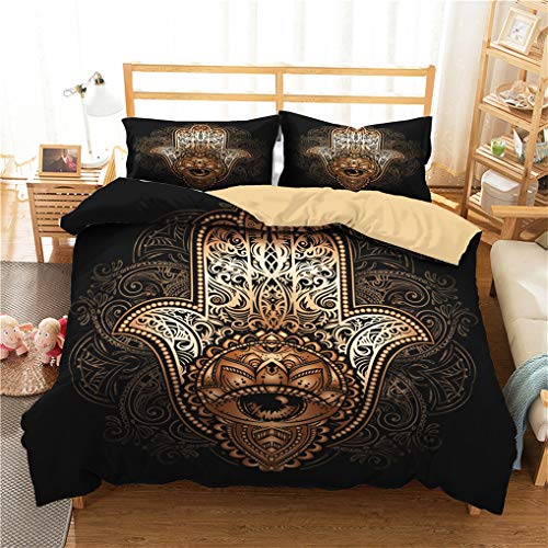 HNHDDZ Juego de Cama Indio Bohemia Mandala Galaxia Atrapasueños Estilo étnico Exótico Negro Dorado Luna Estrella Geométrico Boho Funda nórdica con Cremallera (Palma de Buda,150x200 cm - Cama 90 cm)