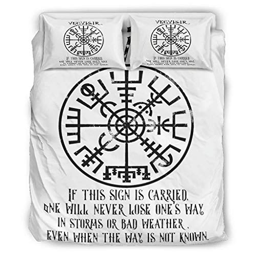 Hothotvery Juego de ropa de cama de 4 piezas, diseño vikingo Vegvisir con cita escandinava, 4 piezas, ropa de cama multicolor, funda nórdica y fundas de almohada, color blanco, 175 x 218 cm