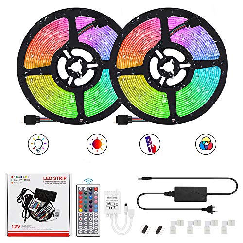 Houkiper Tiras de Luces LED, 10M Tiras Luz Led Color con Control Remoto y Caja de Control, 20 Colores y 8 Modos de Escena para la Habitación, Techo, Hogar, Cocina, Navidad, 12V, 300Leds