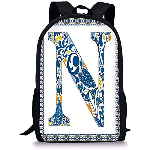 Hui-Shop Mochilas Escolares Letra N, diseño Floral en Alfabeto Vintage Diseño de Fuente N en Marco Inspirado en Azulejo Azul Amarillo Naranja para niños Niñas