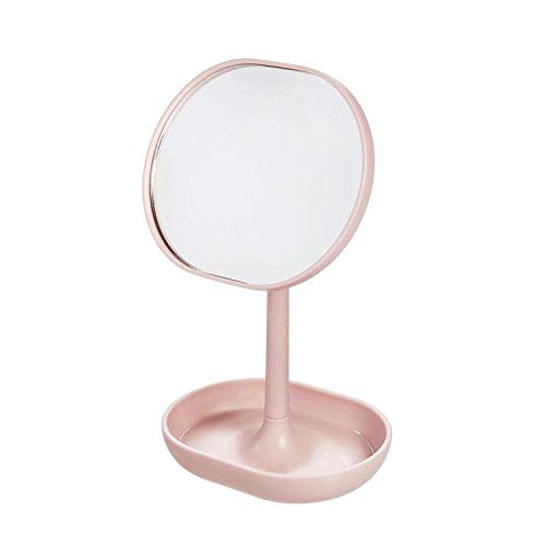 iDesign Espejo con pie, pequeño espejo redondo de plástico, espejo de baño giratorio con bandeja para guardar maquillaje o joyas, rosa