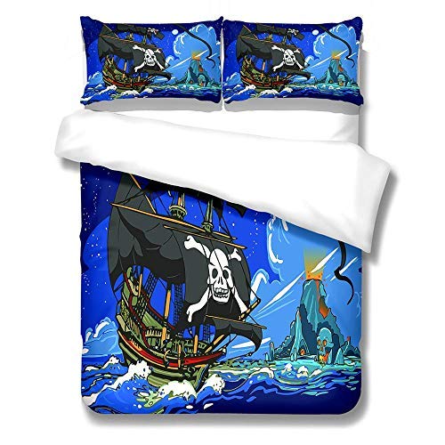 IJBSDJI Fundas Nórdicas Cama,Barco Pirata,Estampada Juego De Cama Microfibra Poliéster con 2 Fundas De Almohada,Individual Size