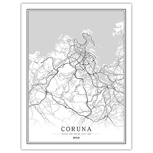 Impresión De Lienzo,España Coruna Mapa De La Ciudad Moderna De Arte En Blanco Y Negro Pintura Mural Poster Minimalista Simple Modular Viviendo Cafe Habitación Decoración Personalizada Vertical,80