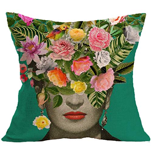 Inspirada en la cabeza de mujer de la pintora mexicana Frida Kahlo, una funda de almohada de lino estampada para cojín de coche (compre dos y llévese una gratis)