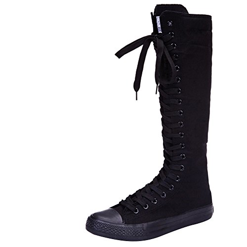 Jamron Chicas Mujer Moda Rodilla Alta con Cordones Botas de Lona Puro Negro Cremallera Botas de Danza 801 EU37