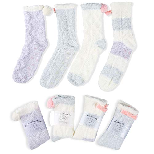 JARSEEN 4 Pares Mullido Borroso Calcetines de Invierno Acogedor Calentar Pantuflas Super Suaves Cómodos Felpa Calcetines de Casa Antideslizante Mujer (4Pares Serie Menta, EU 36-42)