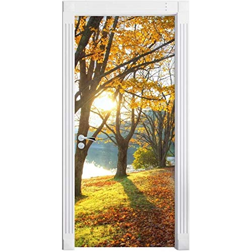 JHYT Impresión De Imagen Pegatinas Creativas Decoración De Puerta Automática Dormitorio Adhesivo Impermeable 3D Otoño Bosque Lago Mural Renovación Calcomanías Divertidas