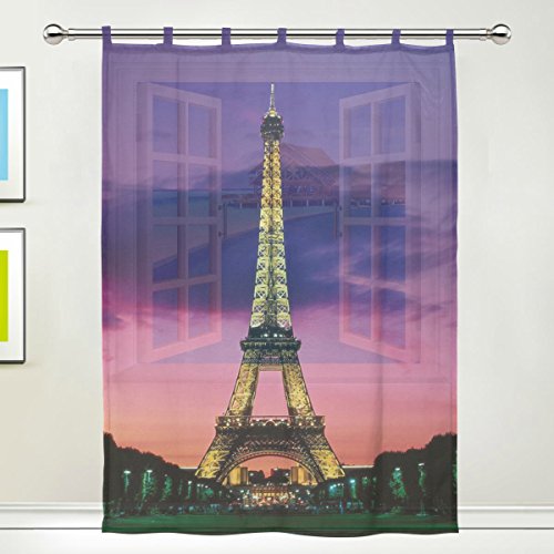 JSTEL Cortina de gasa con estampado floral de la Torre Eiffel, para puerta, ventana, habitación, 1 panel, cenefas de gasa de ancho ancho para dormitorio 137 x 192 cm, panel individual