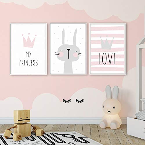 Juego de 3 Cuadros Infantiles Niña Pósteres Láminas Conejo My PRINCESS LOVE Impresiones sobre Lienzo Decoración Habitación Bebé pared Regalo Sin Marco NPTWC004-S