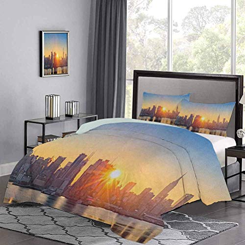 Juego de funda nórdica de Funda de edredón Tranquil Sunrise at Midtown Manhattan Estados Unidos NYC Waterfront America Juegos de ropa de cama para niños le da un sentido feliz y acogedor a la habitaci