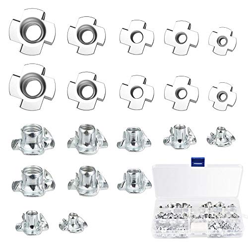 Kbnian Kit de 100 Pcs Tuercas en T de 4 puntas Roscadas métricas M3 M4 M5 M6 M8 Tuercas en T zinc Fijación para muebles de madera y metal Electrodomésticos Construcción Fontanería Manitas Bricolaje