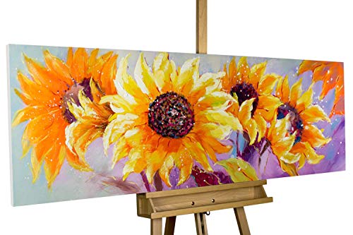 Kunstloft® Cuadro en acrílico 'Symphony of Sunflowers'' 150x50cm | Original Pintura XXL Pintado a Mano sobre Lienzo | Girasoles Floración Naranja | Cuadro acrílico de Arte Moderno con Marco